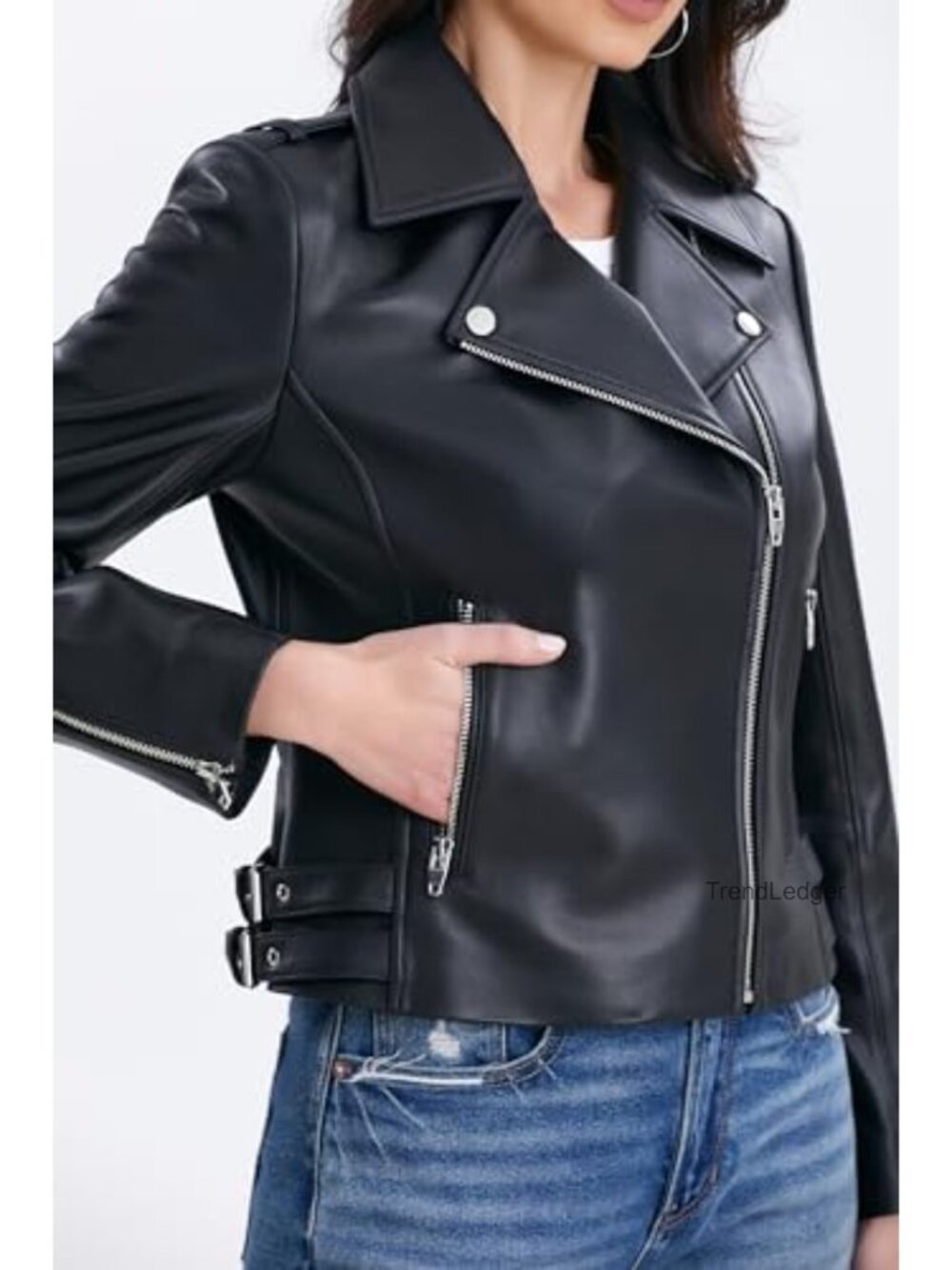 Women's Genuine Lambskin Leather Moto Jacket - Asymmetrical Zip, Quilted, Side - Picture 4 of 6